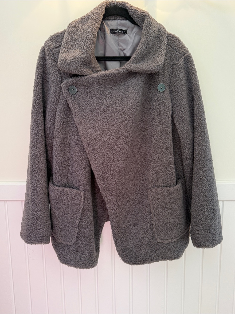 Emery Rose Gray Teddy Sherpa Jacket Large Cozy Oversized Faux Fur Coat EUC - Picture 2 of 5